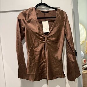 Zara Chocolate Satin Ruched Blouse
